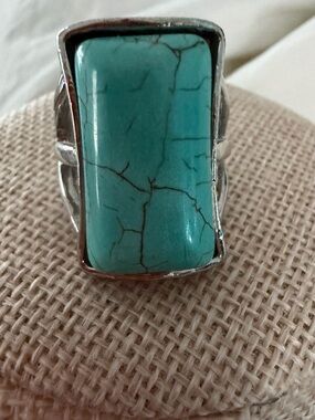 Turquoise Stone Silver tone Ring - Rectangular Statement sz 9 rhodium